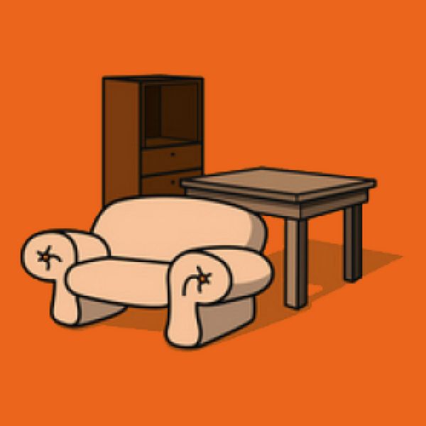 Möbel; Sofa, Tisch und Schrank mit einem orangenen Hintergrund