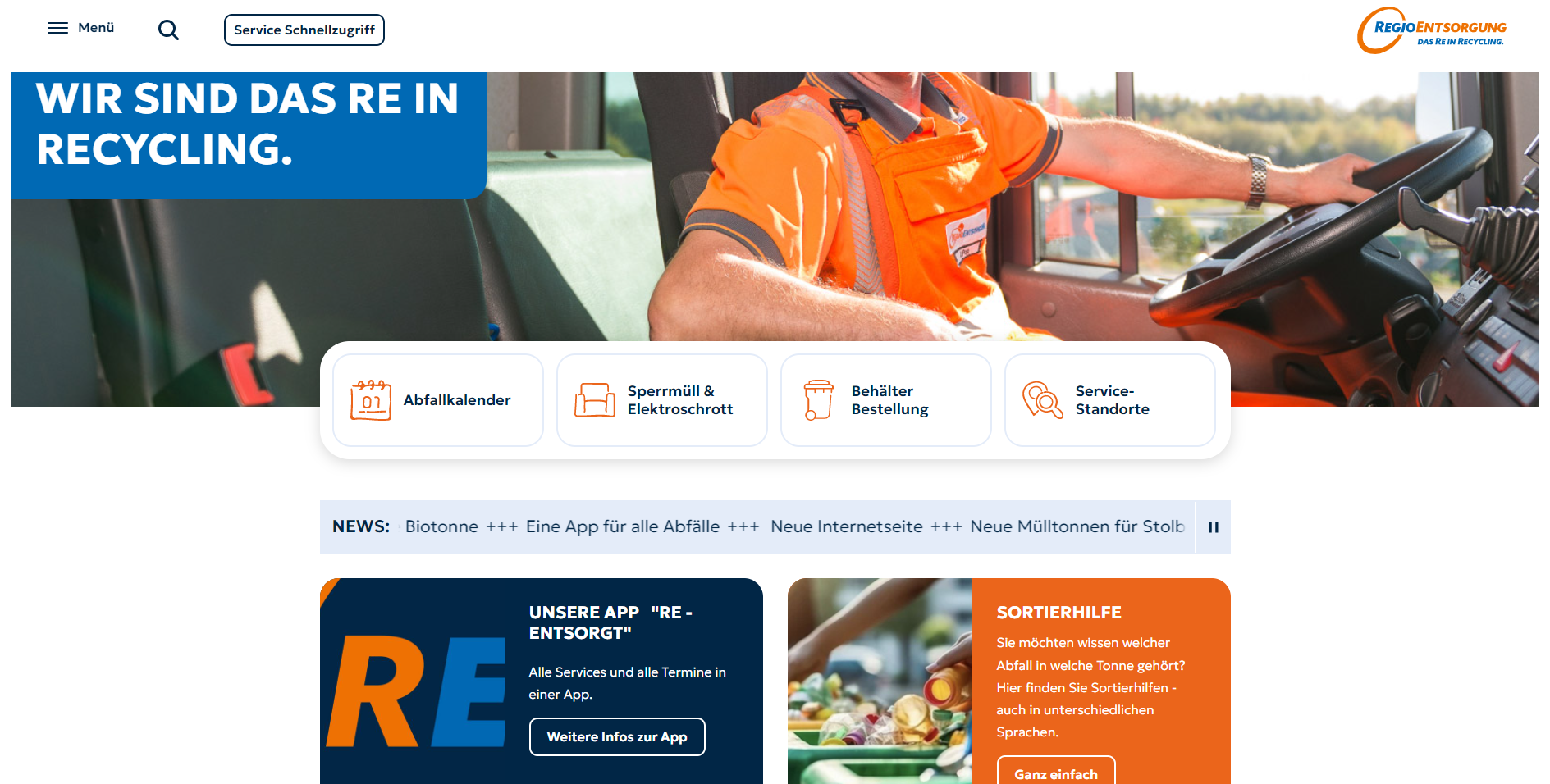 Startseite von der Internetseite der RegioEntsorgung